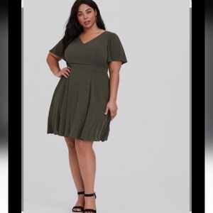 Torrid Olive Gauze Flutter Sleeve Skater Dress. It is a plus-size mini dress ,2x